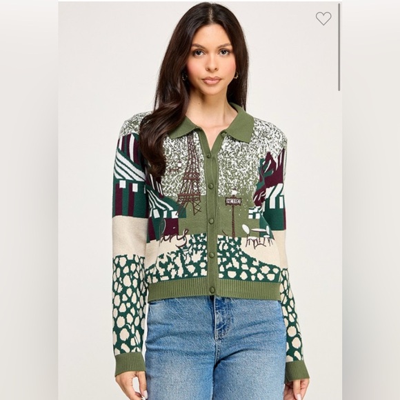 Sweaters - 658. RESTOCKED Green and Cream Paris Graphic Sweater